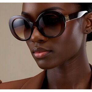 Chunky Tortoise Round Oversized Sunglasses Gradient Lenses Gold Accent Women New